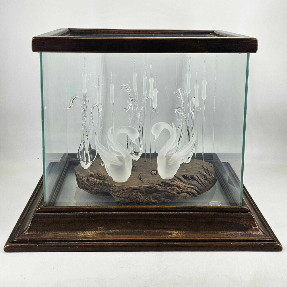 Vintage hand blown glass swans cattails on lake Glass Wood Display Case signed